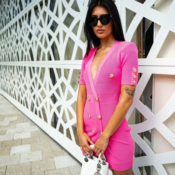 Sophia Knitted mini dress with gold tone buttons - Pink - Picture 5 of 7